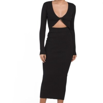 house of harlow black knit dress House of Harlow Sz L Black Sweater Dress front cutout and twist top midi  NWT