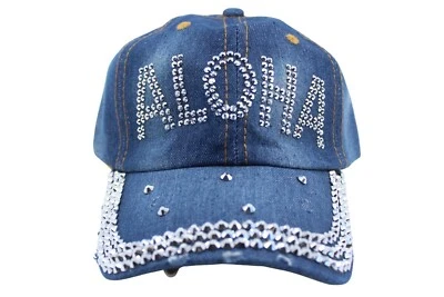 Hawaii Aloha Distressed Denim with Rhinestone Hat - Bling Bling, Adjustable Cap - Image 1 of 4