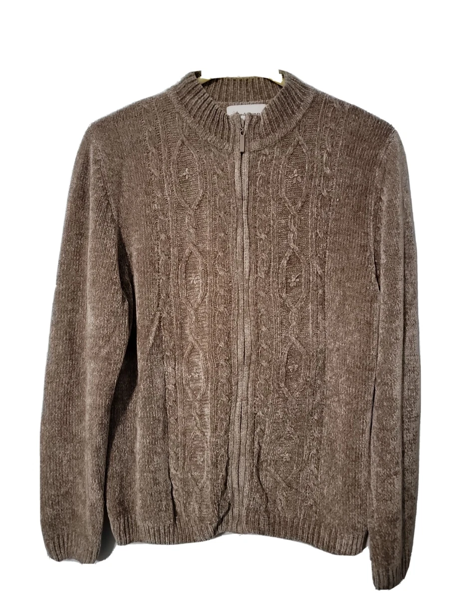 Alfred Dunner Full Zip Front Cable Knit Sweater Light Brown Dark