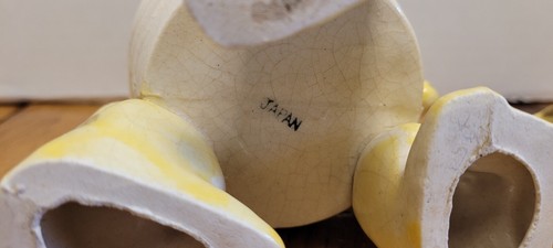 2 plantadoras de cerámica japonesas de colección azul amarillo marrón 4" de alto loco - Imagen 9 de 9