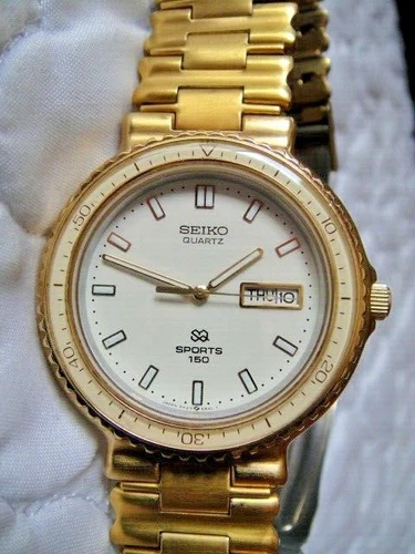 VTG SEIKO SQ SPORTS Diver 150 Gold Plated Steel Quartz Watch 5H23 6B80