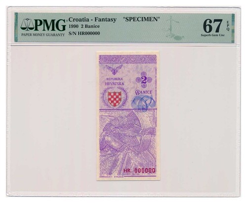CROATIA banknote 2 Banice 1990 Specimen PMG 67 EPQ Superb Gem Uncirculated RARE - 第 1/7 張圖片