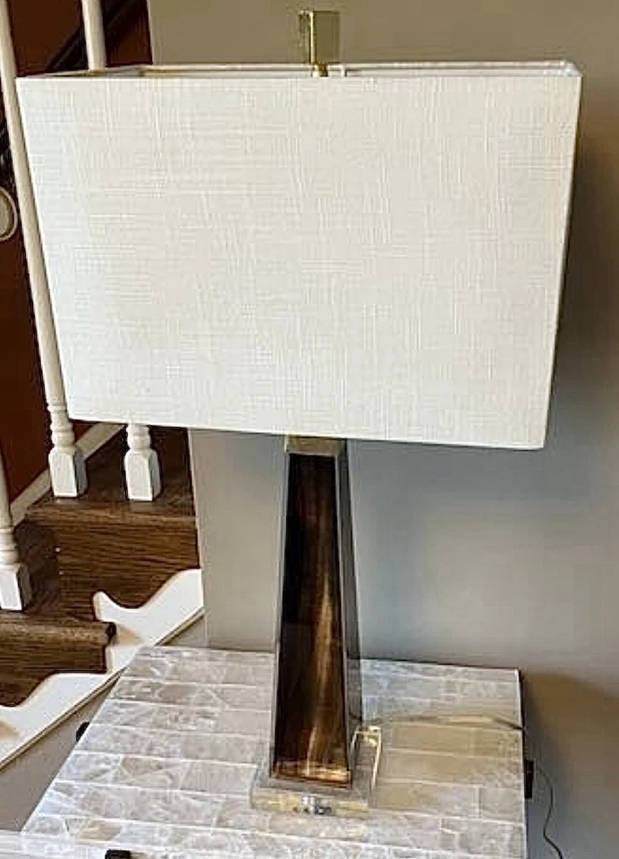 罕见 Currey and Company 台灯 30 英寸高烧木金叶 3 路亚麻灯罩 — 第 4/4 张图片