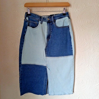 Hollister Ultra High Rise Patchwork Denim Midi Rock W28 UK 10 Two Tone