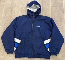 Vintage 90s Adidas Heavy Big Puffer Jacket Coat XL Hooded Striped Navy Blue