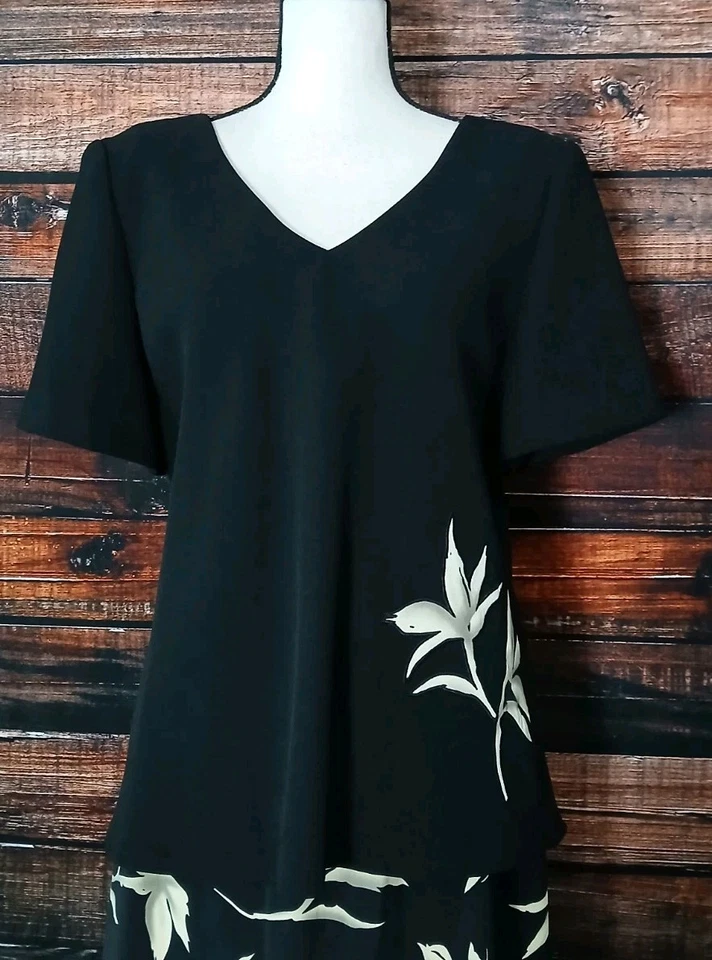 Conjunto Falda Dos Piezas Dressbarn Talla 16 Negro Floral Manga Corta Maxi Vintage Años 90 Foto 4 de 4