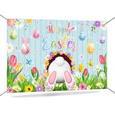Happy Easter Banner Backdrop Blue Wooden Doors Easter Bunny Photo Backdrop Backg