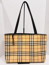 BURBERRY LONDON CLASSIC NOVA CHECK TOTE BAG BLACK LEATHER STRAPS