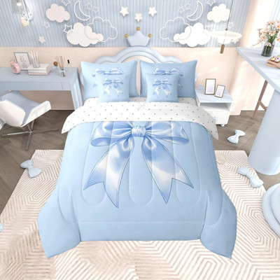 Feelyou Blue Bow Comforter Set Queen Size 7 Pieces Girls Bow Bedding Set Cute