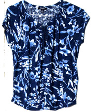 RALPH LAUREN CHAPS KNIT TUNIC ladies size L blue white batik floral short sleeve