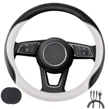 Car Steering Wheel Cover, Non-Slip Leather Protector Fit For Universal White