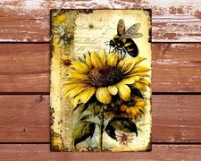Sunflower And Bee Hive Garden Plaque Tin Metal Signs Home D cor 8x12