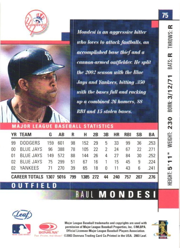 2003 Leaf Samples Silver #75 Raul Mondesi New York Yankees - Image 2 of 2