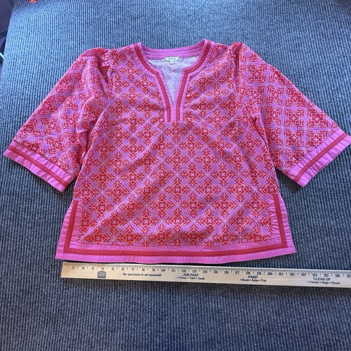 Jodifl Top Puff Sleeve Red Pink Floral 3/4 Length Sleeve Sz M Wide Trim