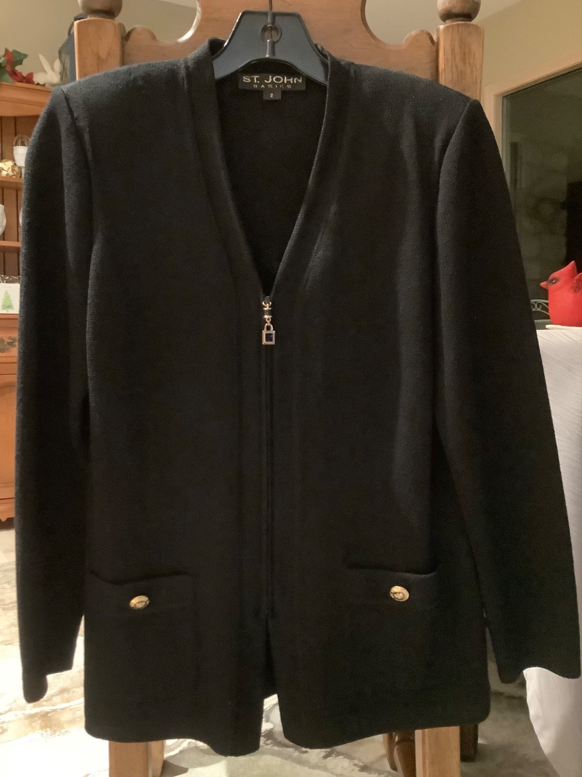 St John Basic Wool Blend Knit, Black Cardigan wit… - image 1