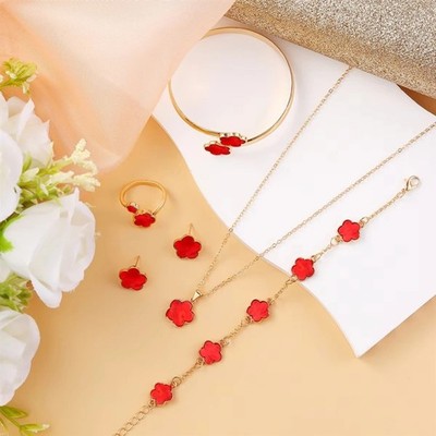 Gold Tone Red Clover Jewelry Set Necklace Bracelet Ring Earrings