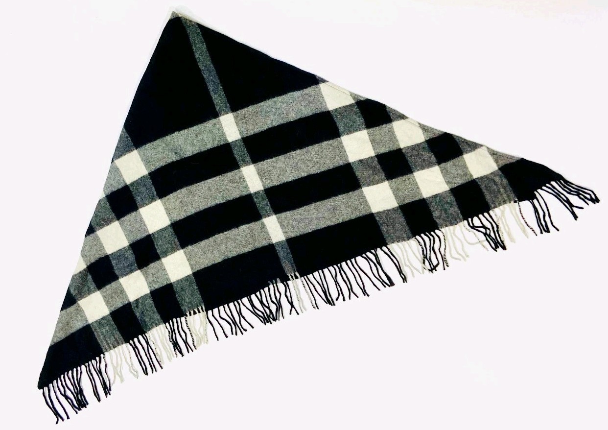 BURBERRY 100% Cashmere Check Scarf Triangle Shawl Made in Scotland