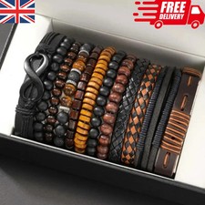 12pcs Set Mens Brown Black Beaded PU Leather Wooden Wristband Bangle Bracelet