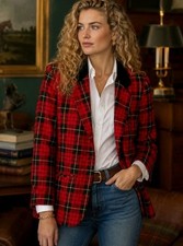 Vintage Sag Harbor Tartan Plaid Wool Blend Blazer Red Black