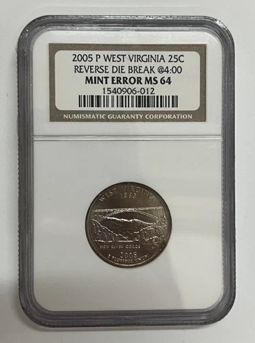 2005-P West Virginia State Quarter Reverse Die Break @4:00 NGC MS64 Mint Error