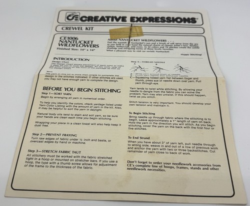 1982 Creative Expressions NANTUCKET WILDFLOWERS Pillow Crewel Kit 14”x14” Opened - Picture 4 of 9