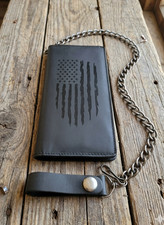 US Flag Genuine Leather Biker Long Wallet With Chain Black Bi-Fold 7" Wallet
