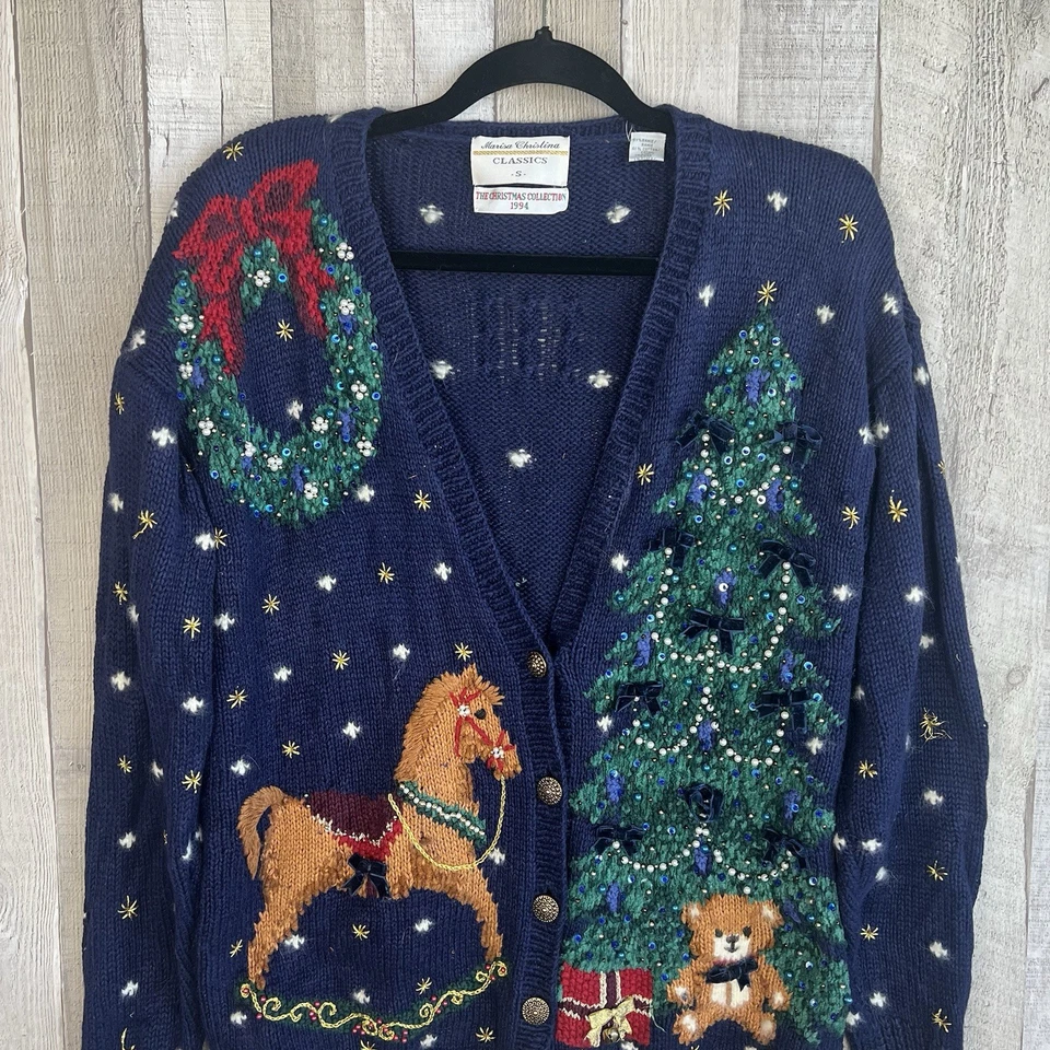Cárdigan de Navidad Marisa Christina Classics 1994 vintage talla pequeña bordado Foto 2 de 4