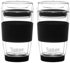 Tupkee Double Wall Glass Tumbler, 8oz All Glass Coffee Travel Mug & Lid, 2 Pack