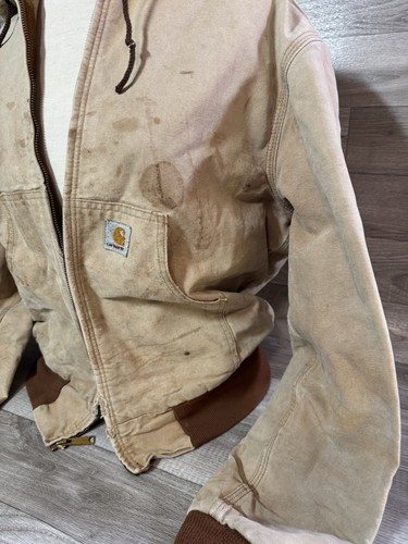 Vintage Carhartt Jacket Mens Size M/L Tan W/Hood Full Zip JR106 Made In USA READ - Picture 2 of 22