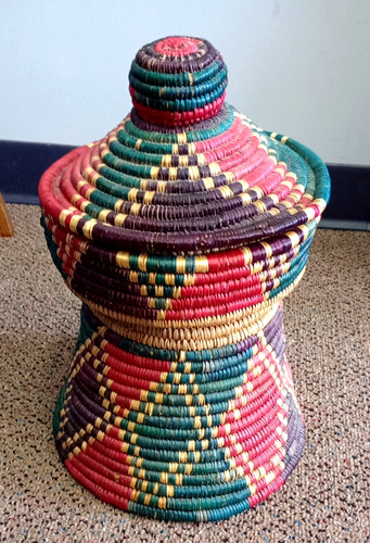 African Artist Basket Tightly Woven Colorful Coil With Lid