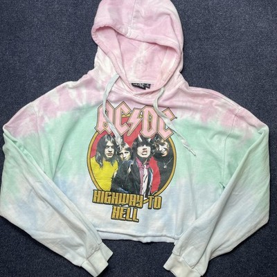AC/DC Hoodie Womens XL Tie Dye Cropped Fleece Highway To Hell Graphic Rock Band
