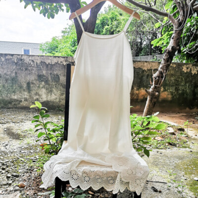 Women Cotton Underdress Lace Embroidery Hem Strappy Full Slip