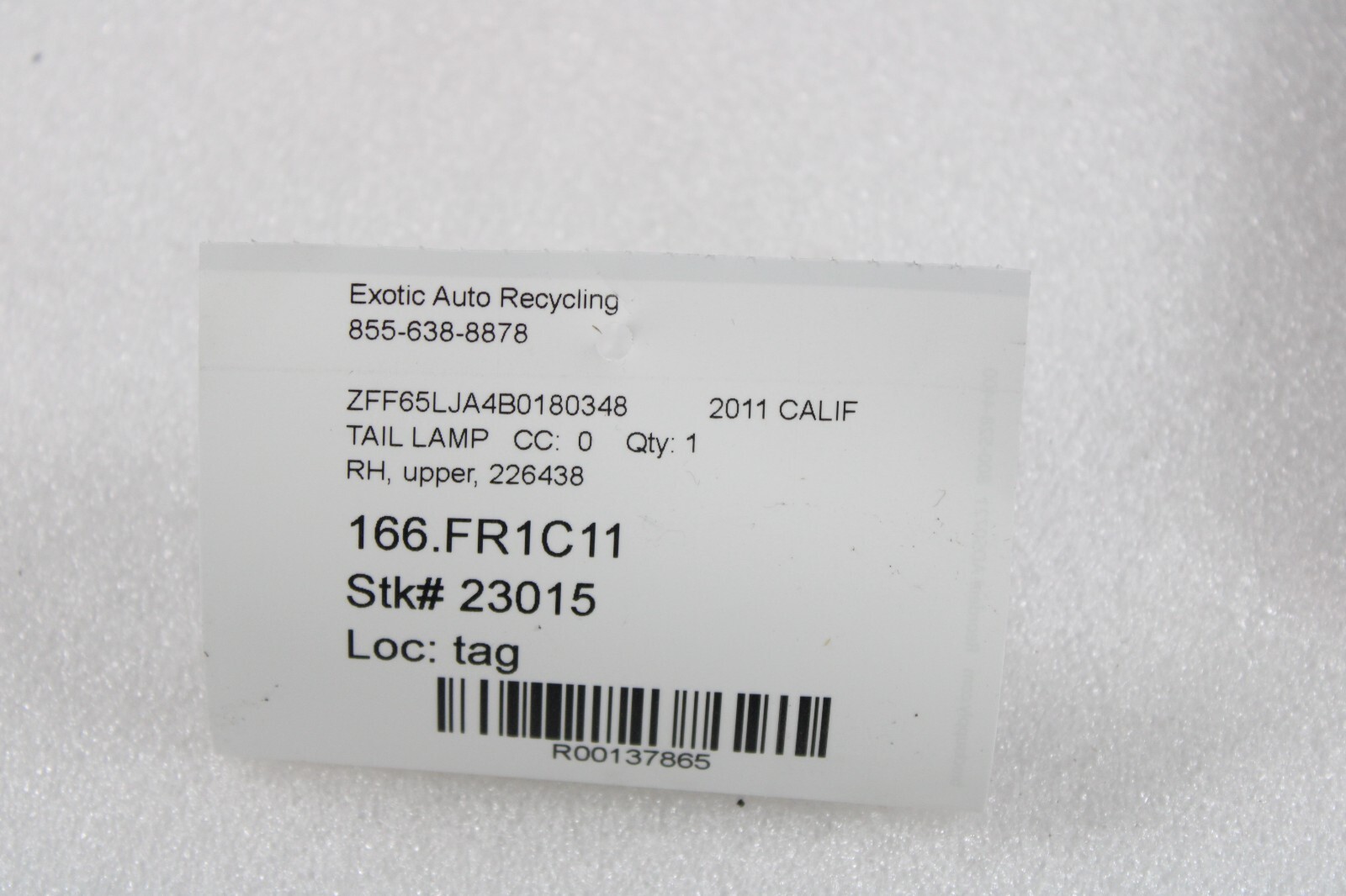 Ferrari California, RH, Right, Deck Lid Tail Light / Lamp, Used, P/N 226438
