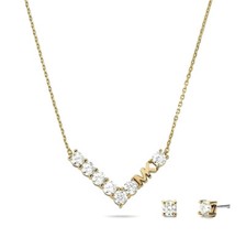 NWT MICHAEL KORS GOLD-TONE CRYSTAL MK NECKLAC...