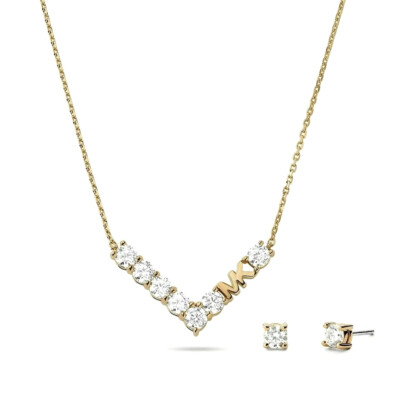 NWT MICHAEL KORS GOLD-TONE CRYSTAL MK NECKLACE & EARRINGS GIFTSET MSRP $125.00  