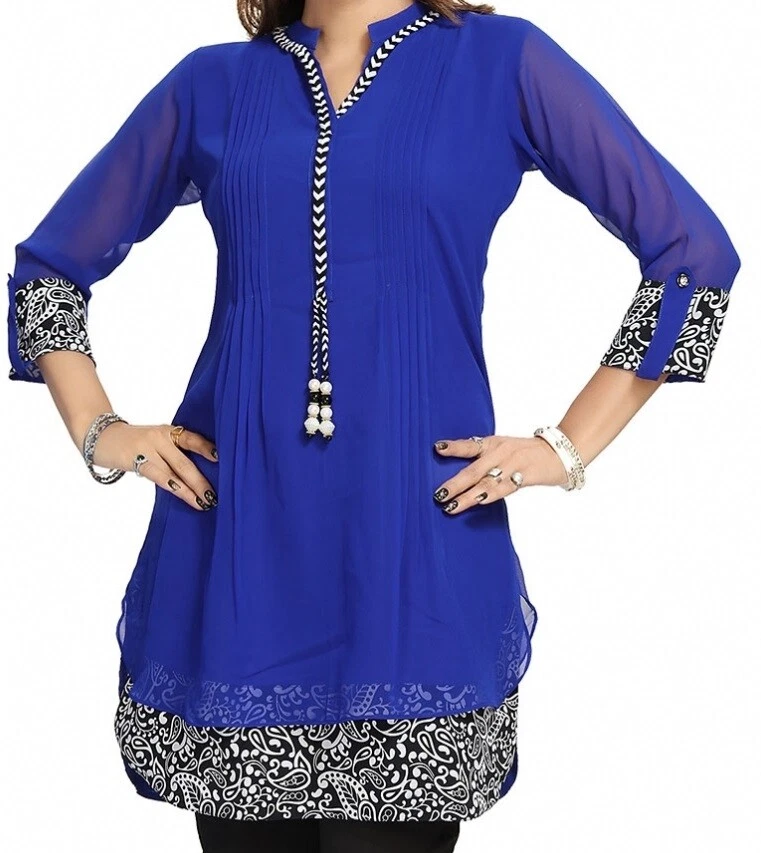 Ladies Blue Kurti Tunic Top Ethnic Indian Pakistani Wear 3/4 Sleeve SC1030