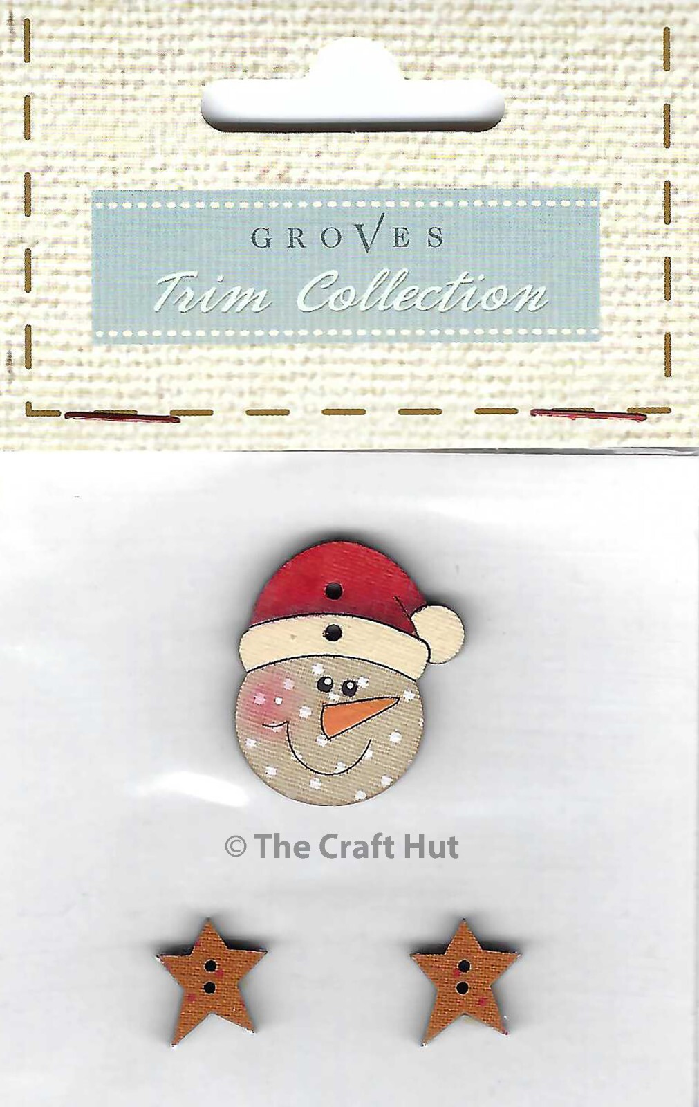 Groves Trim Collection Carded Wooden Buttons Christmas Snowman & Stars New