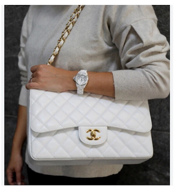 CHANEL Classic Jumbo Flap Caviar Leather Shoulder Bag White - Hot Deal