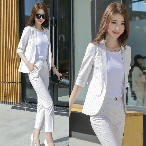 Elegante Tailleur completo bianco gessato giacca manica lunga pantaloni  7175 | eBay