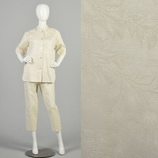 Large 1960s Capri Set Cream Floral Ivory Outfit Mock Neck Two Piece Set Pants