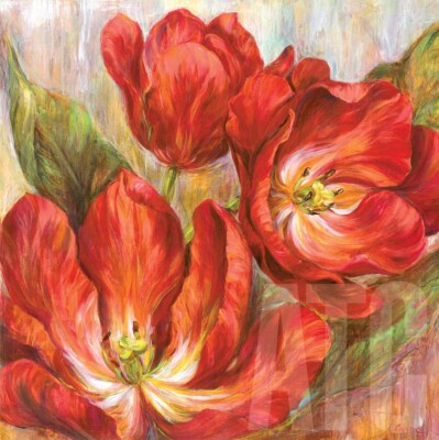 30W''x30H'' TANGO TANGERINES by LIV CARSON - RED OPEN FLOWERS FLORAL GARDEN CANVAS