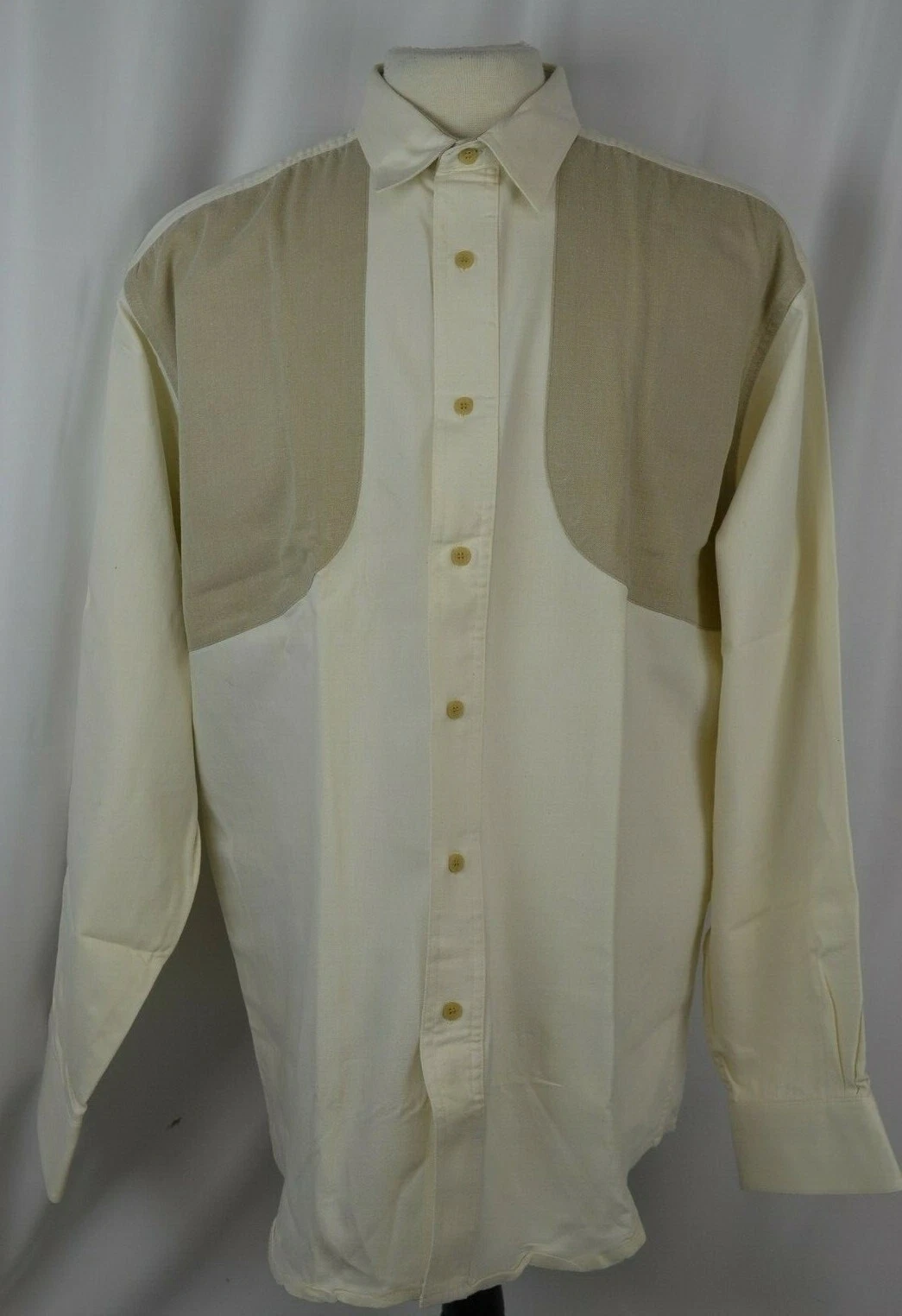 Orvis Men's Shirt Size XL Shoulder Elbow Patches Outdoor Ivory Casual Button Up