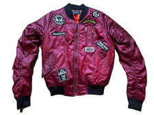 Red Fox Patches Satin Moto Army Jacket Military Varsity Bomber Coat Insulated M