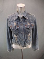 True Religion Size M Girls Button Up Pocket Collared Distressed Denim Jacket 362