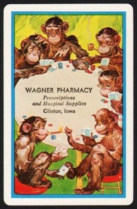 Vintage single playing card WAGNER PHARMACY monkeys with cards blue Clinton IA