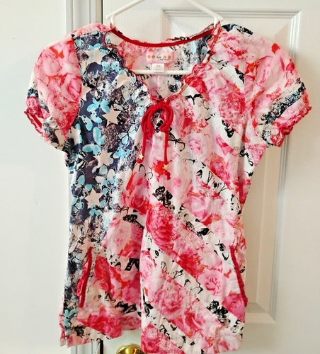 Koi 2 Pocket Red Floral/Blue Butterflies Scrub Top Size XS