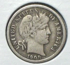 1908 Barber Dime 90% Silver Coin Fine
