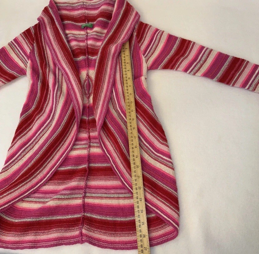 United Colors of Benetton Cardigan Sweater Girls XL Pink Striped Open Wool Blend - Image 4 of 4