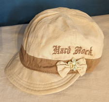 Vintage Womans Hard Rock Cafe Soft Canvas Beige One Size Cap Hat Elastic Band EC