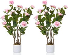 2.5FT Artificial Camellia Trees 2 Pack,Faux Pink Flower Plants Full Leaves Bloom